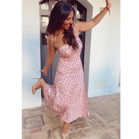 Pink Floral Tie Strap High Slit Midi Dress - Picture 8 of 15